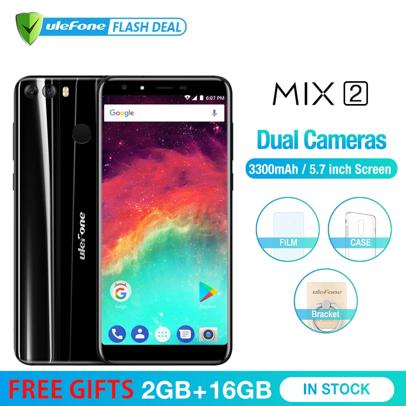 Ulefone MIX 2  5.7 "HD + 18:9 экран MTK6737 4 ядра Android 7.0 сканер отпечатков пальцев 2 ГБ + 16 ГБ мобильный телефон 13MP двойная Камера смартфон