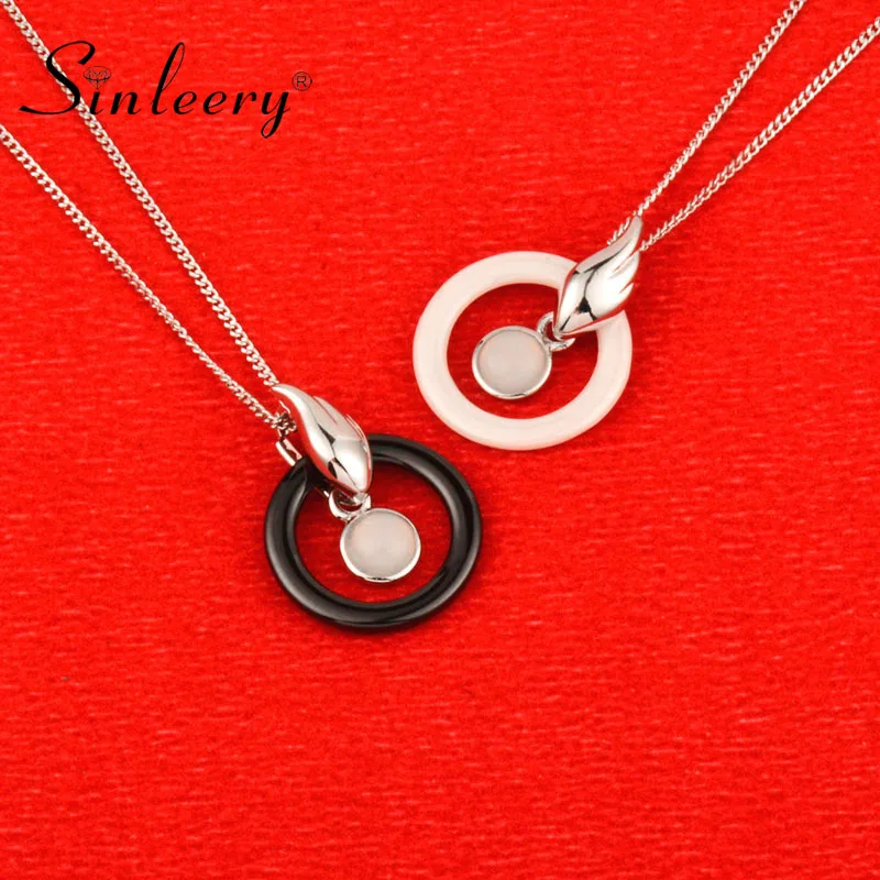 

SINLEERY Unique Design White/Black Ceramic Hollow Round Cricle Opal Necklace & Pendants For Women Jewelry Gifts XL113 SSB