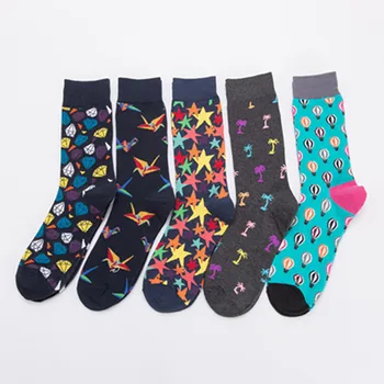 

Happy socks hot air balloon coconut tree paper crane diamond pattern cotton men's socks cotton classic brand design black gift