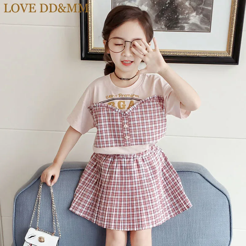 

LOVE DD&MM Girls Sets 2019 Summer New Children's Clothing Girls Foreign Plaid Short-Sleeved T-Shirt + Pleated Skirt Suit