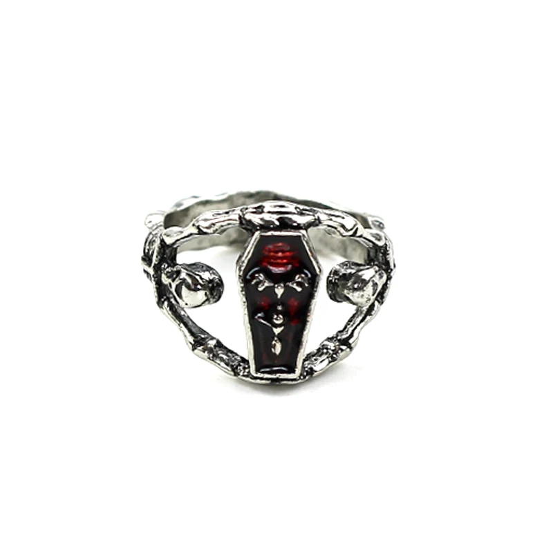 Mens Boys Gothic Vampire Skeleton Skull Bloody Red Enamel Coffin Stainless Steel Ring Biker Jewelry US size 7-12 Halloween gift