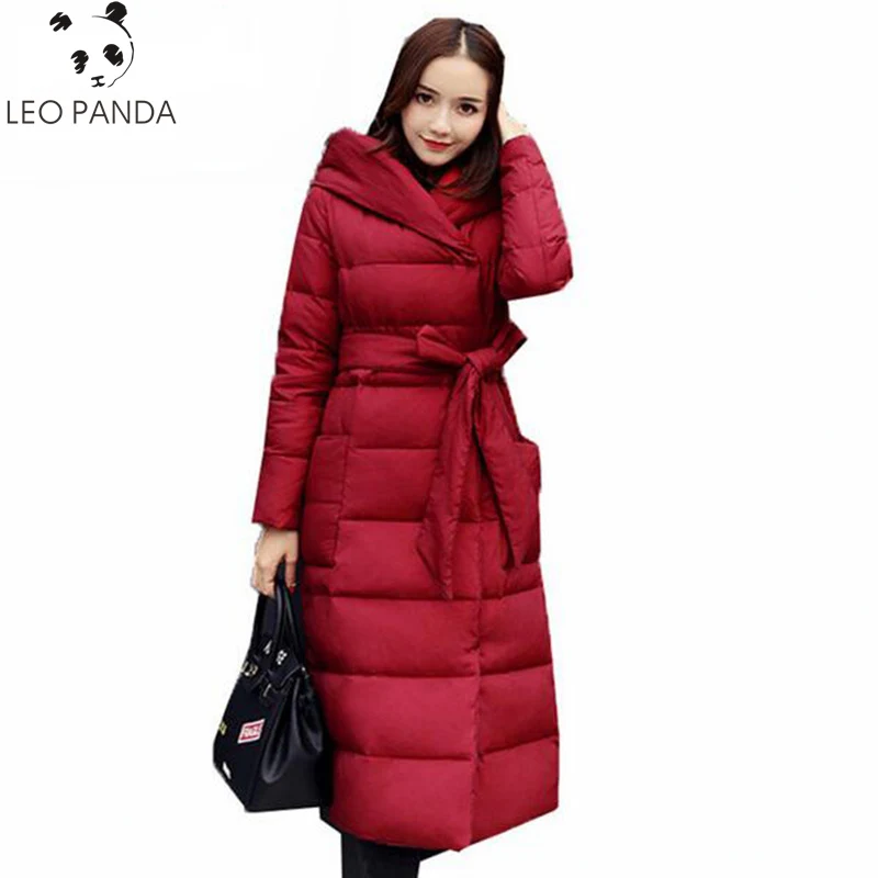 

Winter Women Fashion Slim Covered Button Sashes Down jacket Female Comfortable Temperament Long Sleeve Hooded Outerwear ZX1381