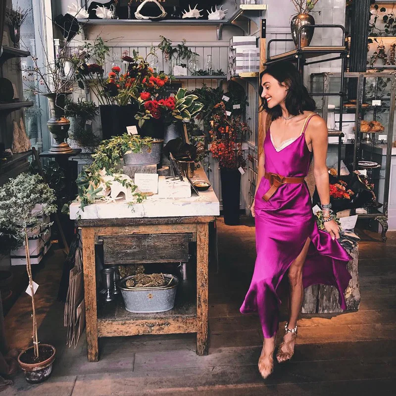 

iClosam Sexy Maxi Satin Dress Summer Women Spaghetti Strap V Neck Slit Backless Black Red Silk Long Dress for Party Club