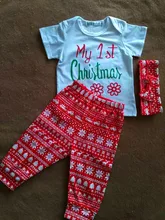 

3 costumes! The 2017 new Christmas newborn baby girl short sleeve T shirt shirt + trousers + bow tie hair band hoop 0-24M