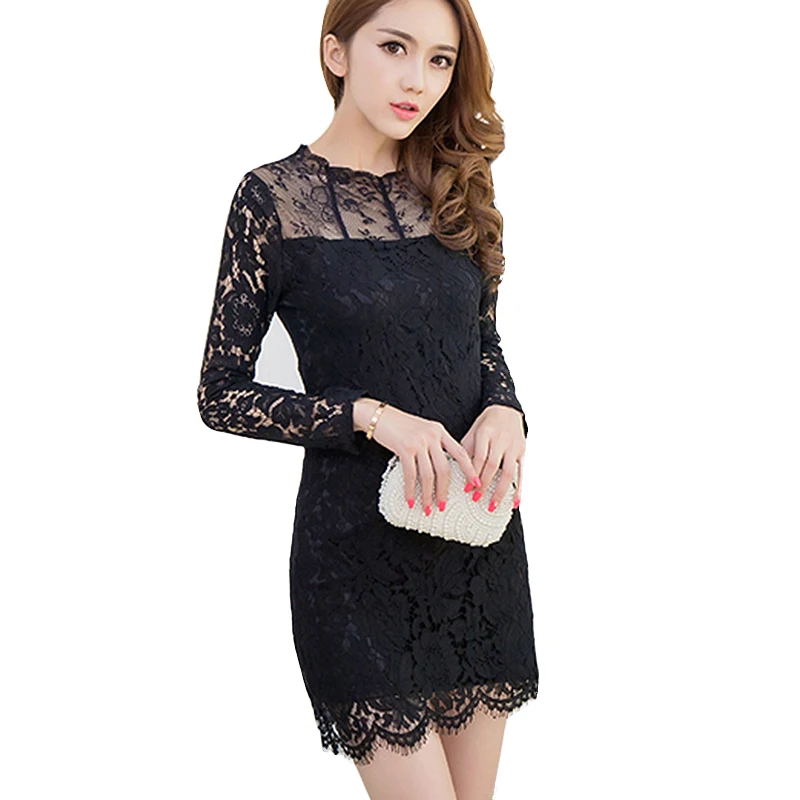 Spring Autumn women bandage dress fashion hollow out long sleeve black white party lace dresses plus size sexy slim robe long-white-lace-dress