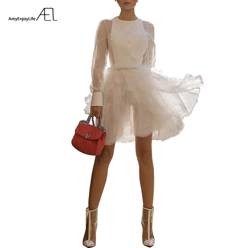 

AEL Pleated Hemline Split Joint Organza Dresses Woman Multilayer Ruffles Ball Gown 2019 New Fashion Clothes High Waist Mini