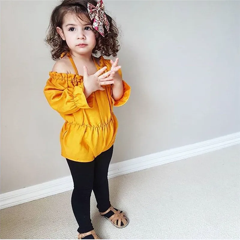 Bright Yellow Baby Girls Bodysuits Cute Off Shoulder Halter Elastic