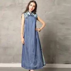 Винтажное Синее джинсовое платье пэчворк Cheongsam джинсы свободное платье женские сарафаны