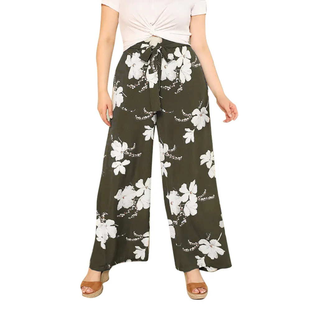 

maternity pants Floral summer Womens Plus Size pregnancy pants plus size Wide Leg Pants Printed Bow Bandage Maxi Trousers#G8