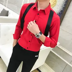 2018 Британский ветер ночной клуб прилив мужчины тонкий декоративные ремешки рубашка с длинными рукавами парикмахер красная рубашка