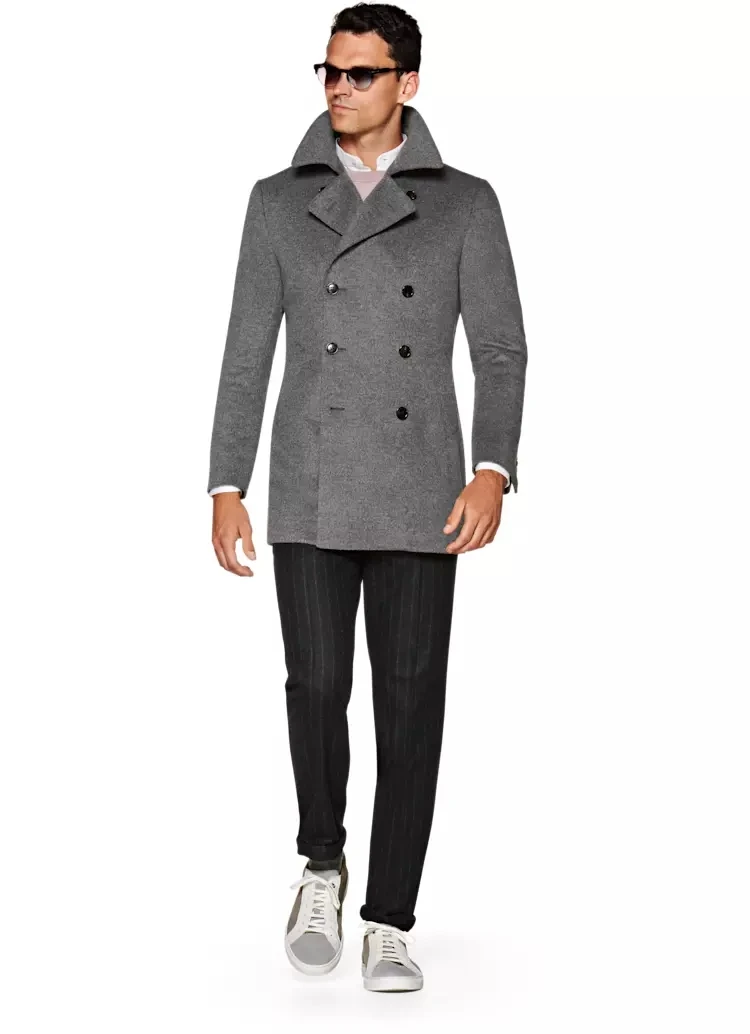 Осень-зима изготовление под заказ Короткие Серые Шерстяное пальто Для мужчин отложной воротник полушерстяные двубортный с поясом сзади