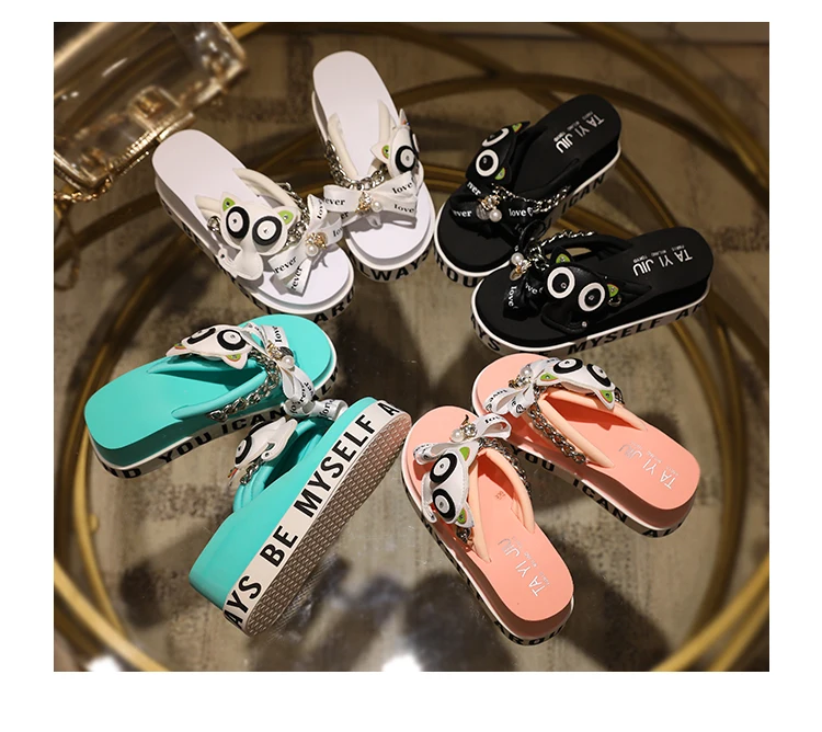 

Metal Chains Wedges Shoes Butterfly-knot Sweet Girl's Flip Flops Cute Cartoon Slippers Beach Sandals Thick Heel Summer Slides