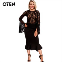 OTEN-2018-New-Arrivals-Sexy-Black-White-clothing-two-piece-dress-Flare-Sleeve-transparent-shirt-mermaid