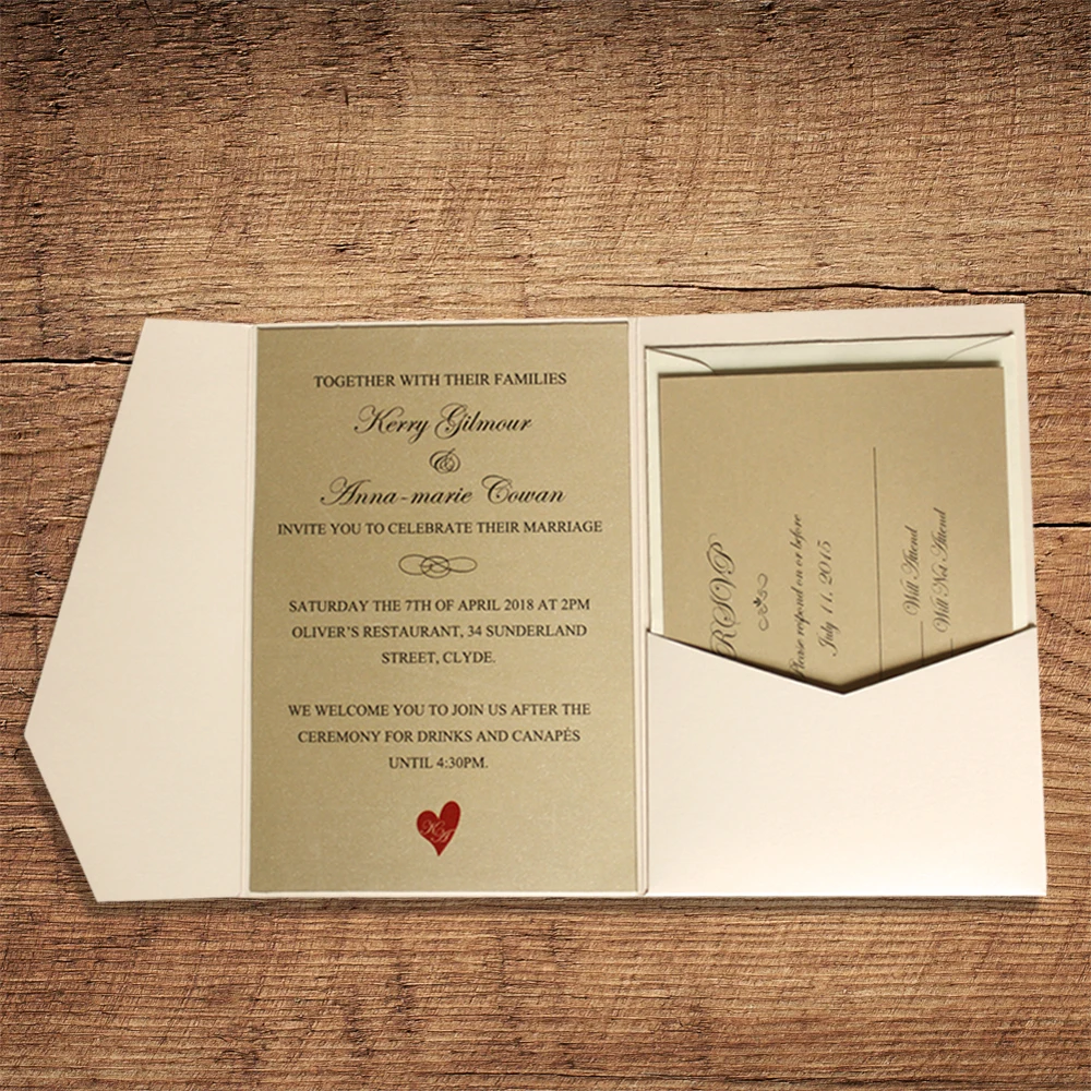  Pearl White Pocket Wedding Invitations with Golden Invite Cards RSVP and Return Envelopes Included  - 32857462375
