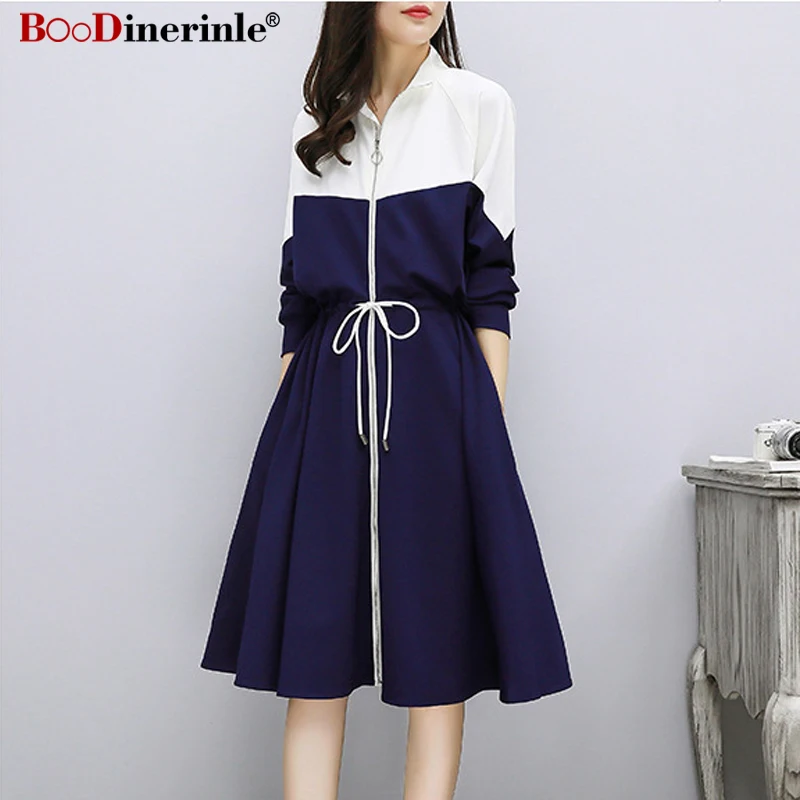 

2019 New Women's Spring Simple Style Dress Female Casual Loose Plus Size Blue White Long-sleeved School Girls Prepy Dress ZY195