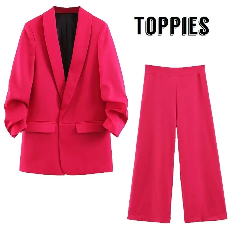 

Rose Red Small Suit Set Pleated Blazer Jacket Loose Cardigan Coat High Waist Straight Pant Office Lady Work Two Piece Set XL2148