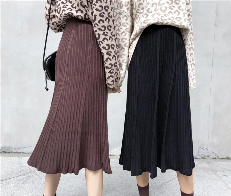 Winter Women Midi Skirts Korean Casual Ladies Solid Knitted Knit Thick A-line Flare High Waist Sweater Skirt Women