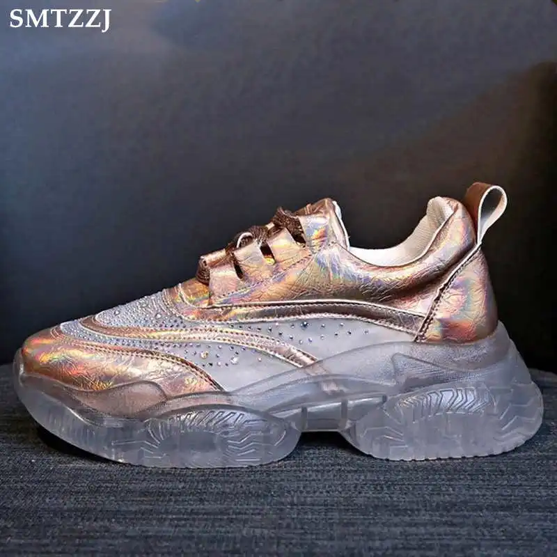 

SMTZZJ 2019 Brand Luxury Crystal Rubber Thick Sole Soft Hip Hop Flat Shoes Gold Silver Flats Student Women Walking Sneakers