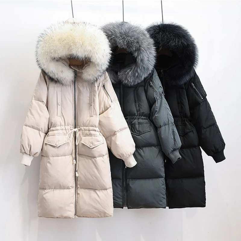 

Loose Women Winter Coat Luxury Natural Raccoon Fur Long Women Parkas White Duck Down Thick Warm Female Overcoat Snow Wear