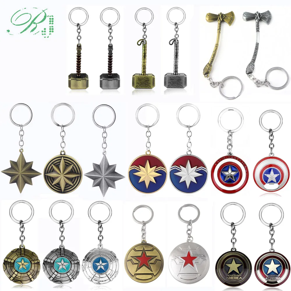 

RJ 10pcs Avengers Captain America Carol Danvers Shield Logo Keychains Superhero Thor Axe Pendant Car Keyring Jewelry