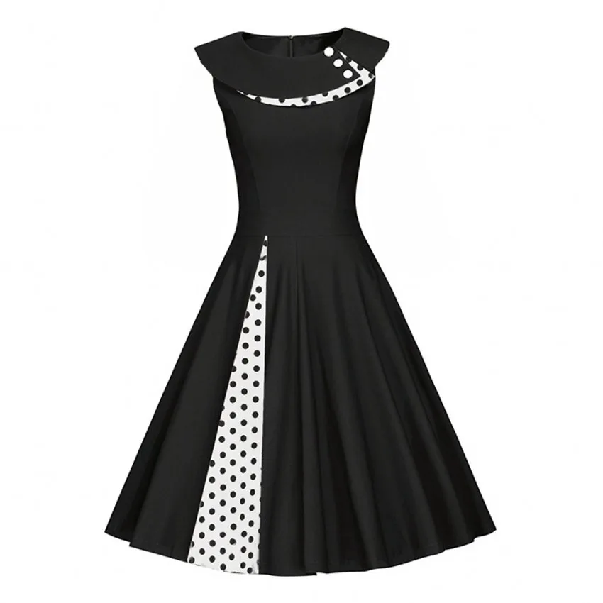 Платье в стиле Одри Хепберн, летнее Повседневное платье в горошек в стиле ретро, без рукавов, женские элегантные офисные платья - Цвет: Черный