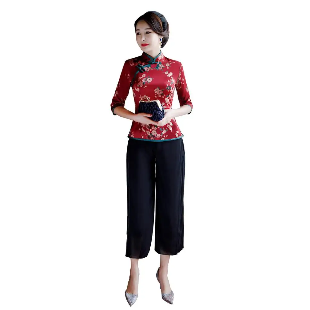Шанхай история 3/4 рукав Cheongsam топ+ брюки комплект Китайская традиционная одежда для женщин Qipao 2 стиля - Цвет: 9115 Top Pants Set