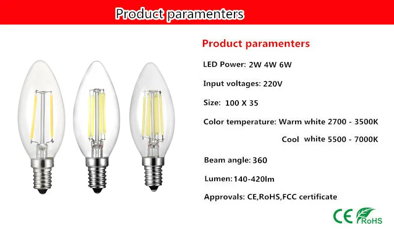 100x DHL оптовая продажа светодиодный накаливания E14 лампы 2 Вт 4 Вт 6 Вт AC220V лампа Эдисона Стекло свечах Освещение для люстры