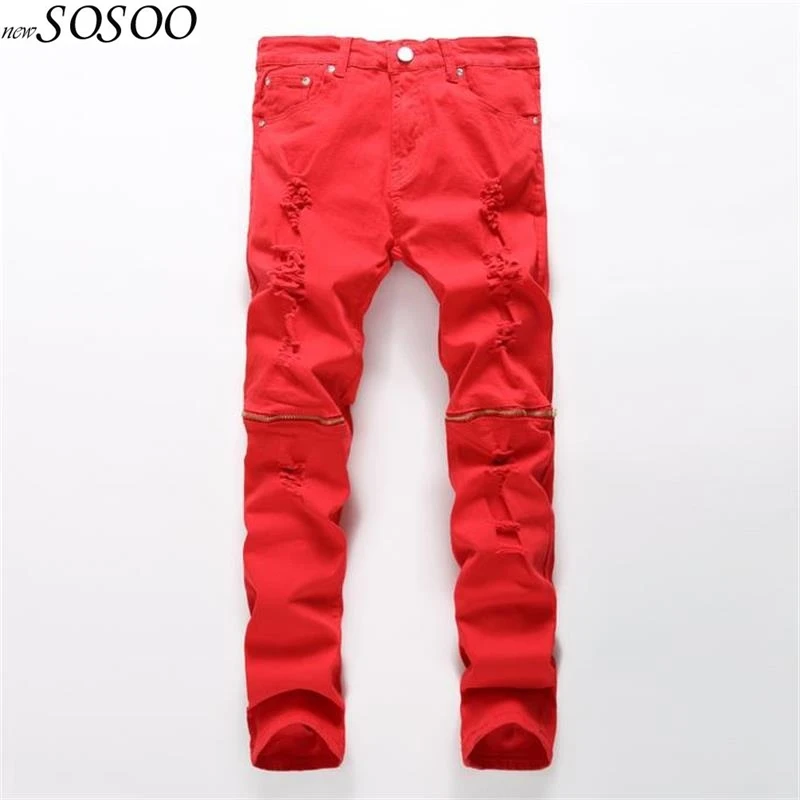 

Men jeans red ripped jeans for men Movie stars same style Strong elastic Male Casual fashion jeans men #0303