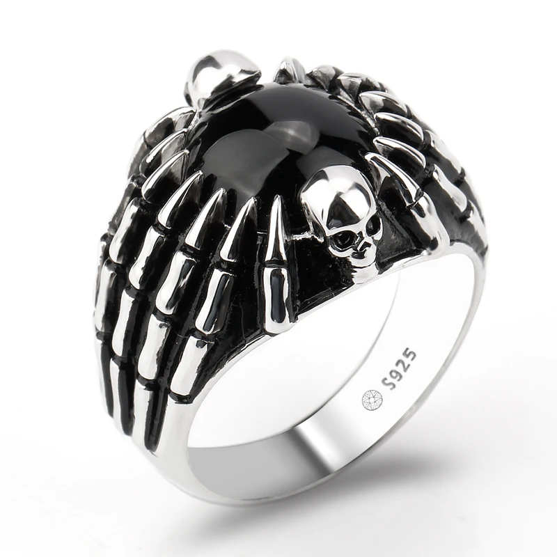 

925 Sterling Silver Men Skull Ring Black Agate Stone with Fierce Paw Punk Style Finger Ring for Men Fine Jewelry