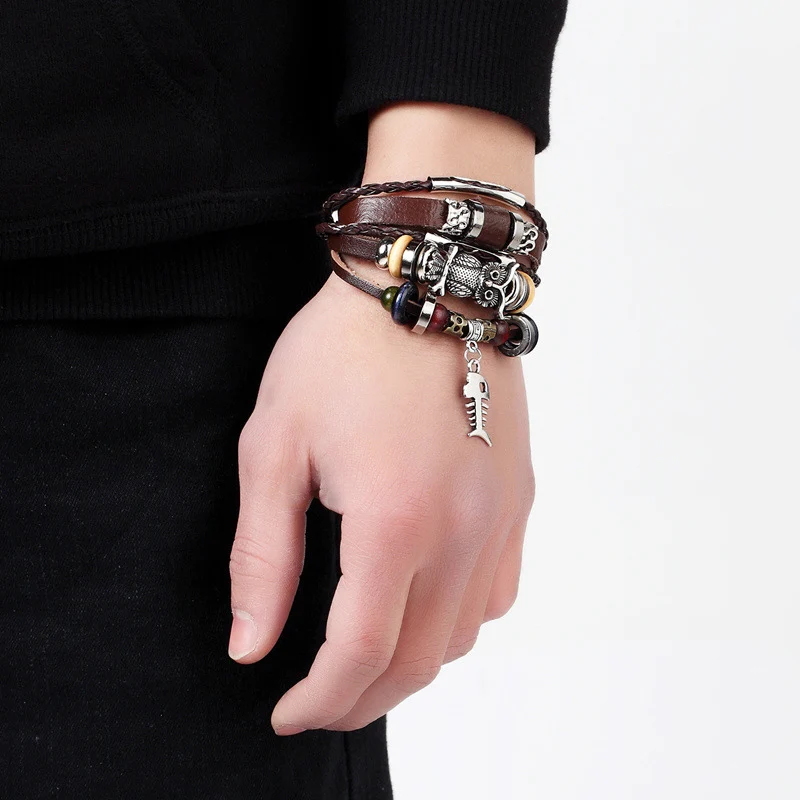 NIUYITID Handmade Feather Leaf Men's Bracelets For Men Multilayer Leather Accessories Male Braclet Friendship Jewelry  (2)