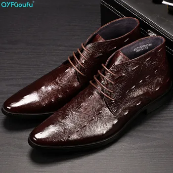 

QYFCIOUFU 2019 Crocodile Pattern Handmade Fashion Office Mens Dress Boots Genuine Cow Leather Pointed Toe Men Casual Ankle Boots