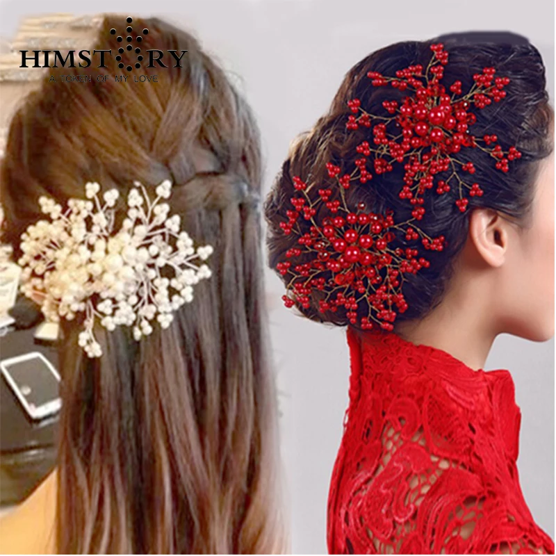 

Newest Handmade Wedding Bridal Hair Comb Pearl Crystal Red/White Bridal Tiara Bridesmaid Hair Accessories