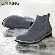 LIN KING The Chelsea Boot Men Suede Hombre Martin Boots Low Heel Nubuck Leather Ankle Boots Vintage Sewing Thread Britain Botas