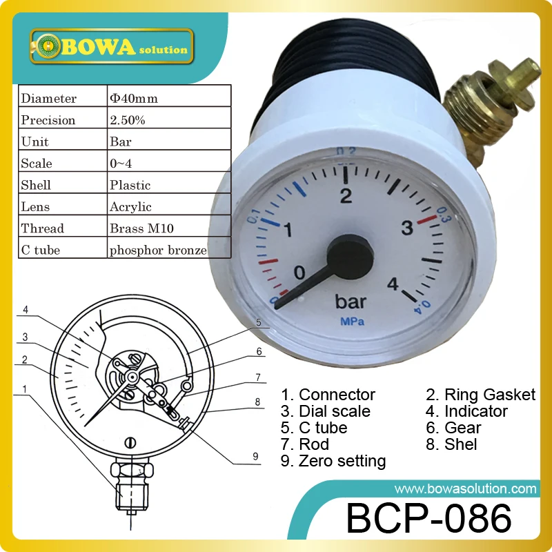 0~ 4bar и dia.40mm Манометр с capiliary трубки и гайки и пластиковый корпус используется в резервуары высокого давления или водонагреватели