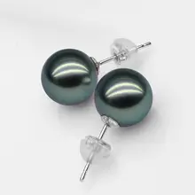 ASHIQI натуральный Tahiti ЧЕРНЫЙ ЖЕМЧУГ серьги гвоздики, Настоящее 18 К золотые серьги, 10-11 мм идеально круглая жемчужина ювелирные изделия