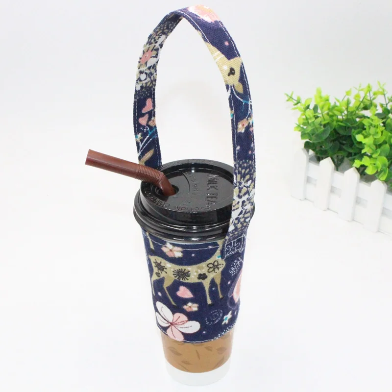 

Milk Tea Coffee Green Cup Cover Cartoon Canvas Tote Home Garden Home Storage Organization Bags Baskets