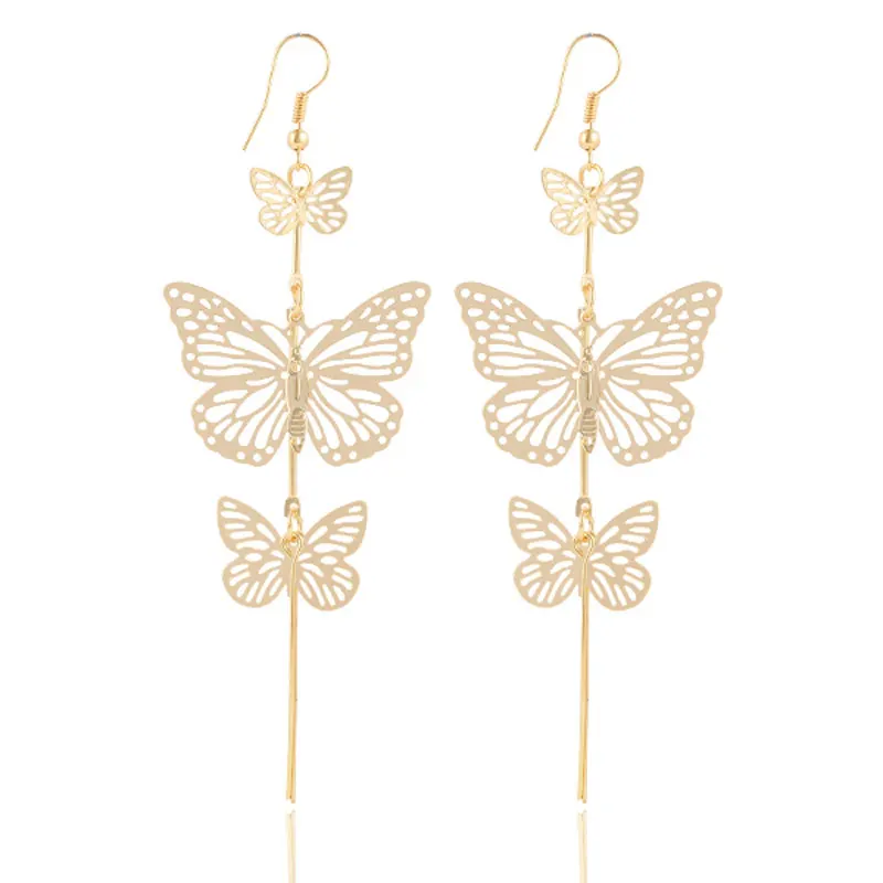 17KM-New-Fashion-Gold-Color-Alloy-Double-bow-Butterfly-drop-earrings-jewelry-Hollow-flower-Long-tassels
