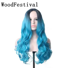 WoodFestival Heat Resistant Synthetic Wigs For Women Black Brown Blue Long Wavy Cosplay Wig ombre charming long black shaggy wavy heat resistant synthetic ponytail for women