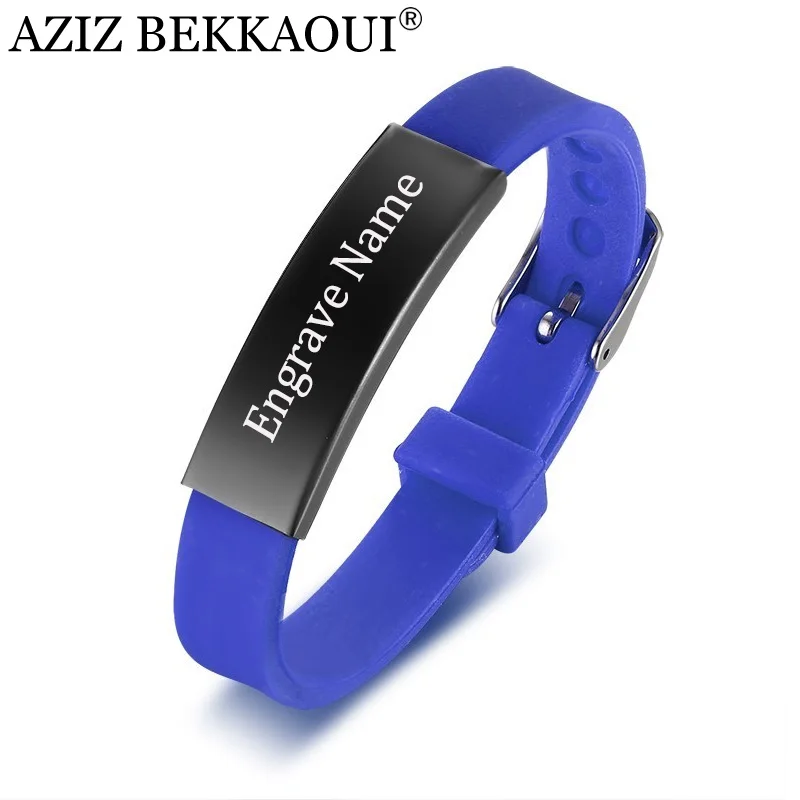 

AZIZ BEKKAOUI Personalized Stainless Steel Bracelets For Women Kids Rubber ID Bracelet Men Couple Bracelets Customized Logo