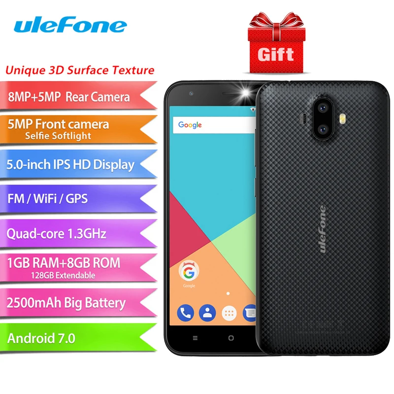 

Ulefone S7 Android 7.0 5.0 inch HD MTK6580A Quad Core 8MP Dual Back Camera 1GB RAM 8GB ROM 2500mAh 3G WCDMA Mobile Phone