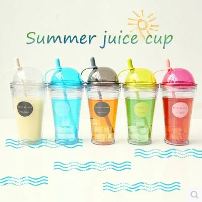 

Home summer large capacity juice cup double layer iopened brief water cup belt straw