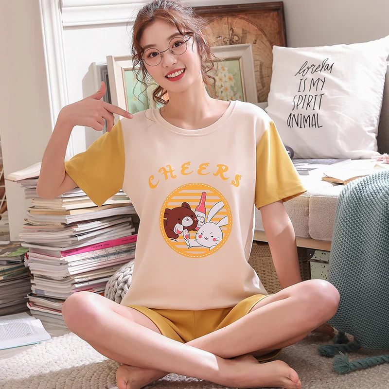 

Two Piece Set Sleepwear Multicolor Short Sleeve Graphic Letter Print Top and Drawstring Shorts Pajama Sets