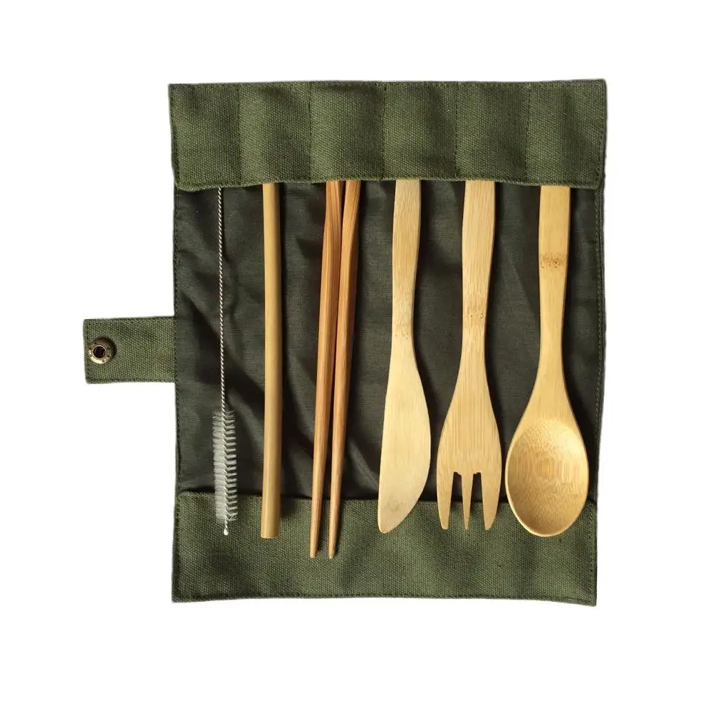 

6Pcs/set Japanese Wooden Dinnerware Set Cutlery Set Bamboo Fork Knife With Cloth Bag Kitchen Tools picnic travel camping outdoor