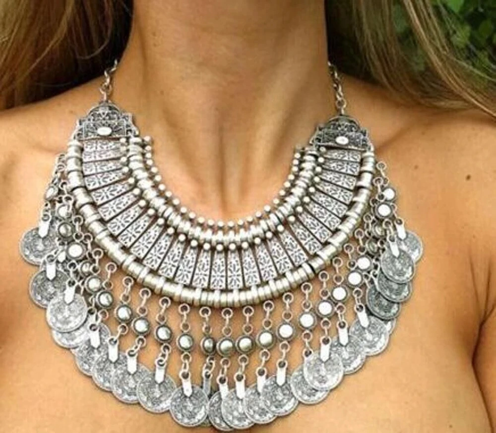 

Antique silver Chunky Bohemian Gypsy statement Ethnic Turkish Coin Tassel necklace Vintage inspired Drop Earrings sets Jewelry