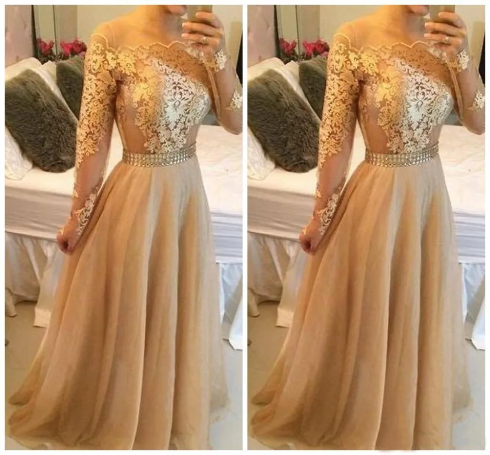 Vestidos de gala простые элегантные, цвета шампанского платье для выпускного вечера длинный рукав средней длины Appiqued Тюль Вечеринка платья