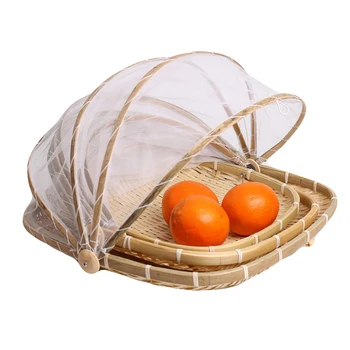Handmade Bamboo Woven Bug Proof Wicker Basket Dustproof Picnic Fruit Tray Food Bread Dishes Cover With Gauze Panier Osier 2