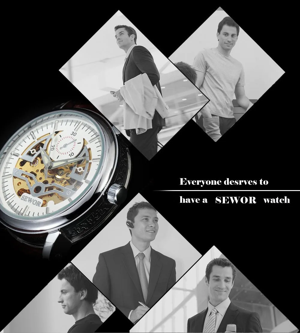 SEWOR брендовые роскошные золотые часы Скелетон мужские деловые автоматические механические наручные часы с кожаным ремешком мужские военные часы подарок