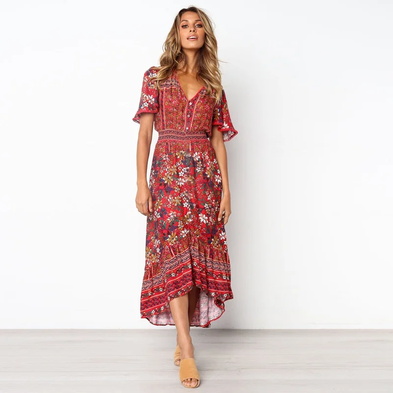 

boho hippie chic button waist frill print maxi dress Vintage women v neck short sleeve beach trip 2019 frocks long tunic dress