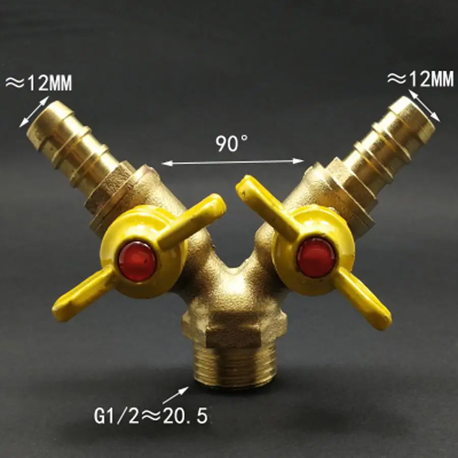 Y Shaped Splitter DN15 1/2" BSP Male To 12mm Hose Barb Brass Ball Valve