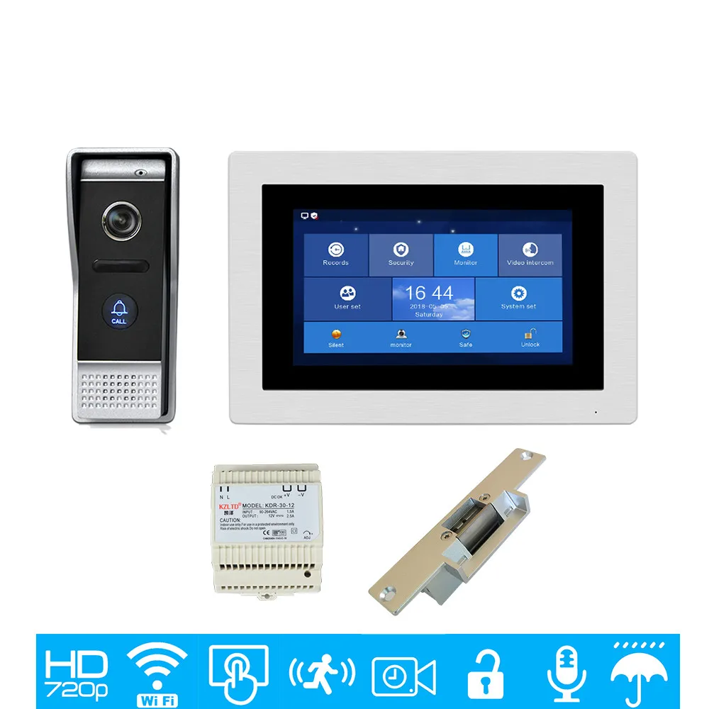 

Free Shipping 720P AHD WIFI IP 7" Touch Screen Video Intercom Door Phone Record Kit DIN Central Power Supply Unlock Strike Lock